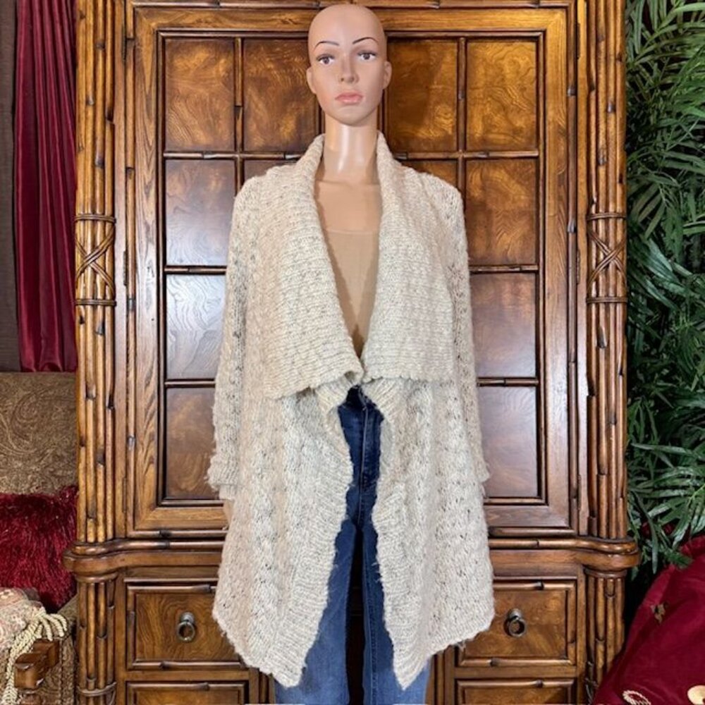 Jones New York Oatmeal Wool Alpaca Blend Oversize Lapel Open Front Cardigan